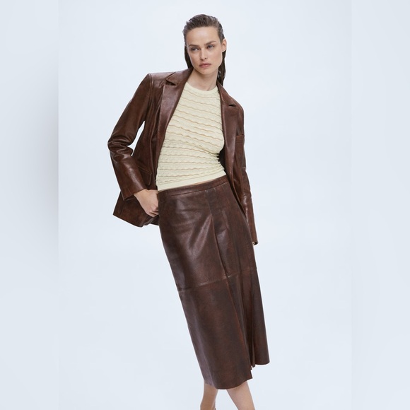 Mango Brown Leather Midi Skirt - Picture 3 of 9